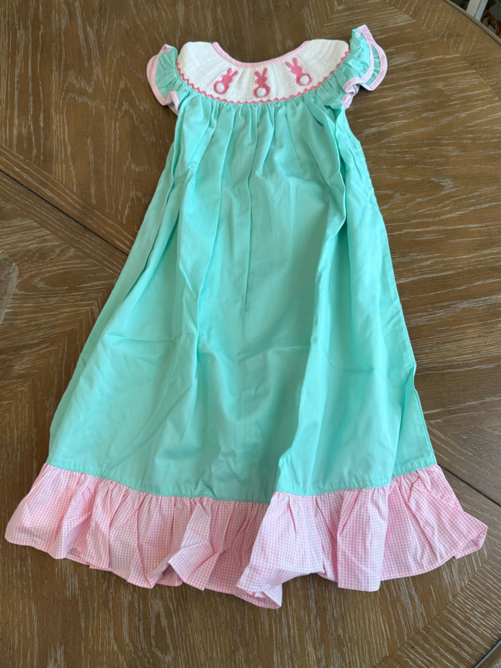 Smocked toddler Dress with Pink Bunny Applique - pink, aqua & White